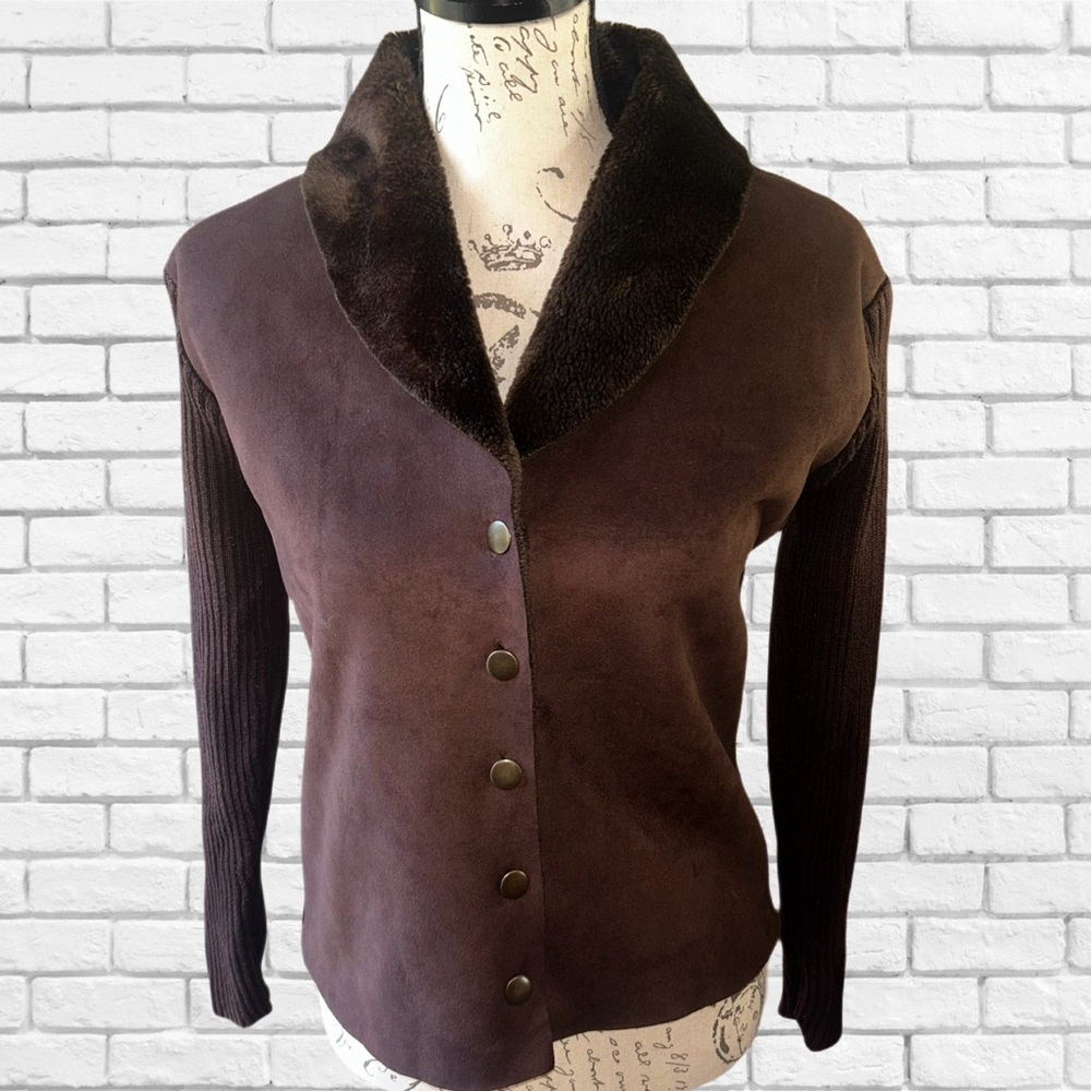 Ambra Womens Brown Faux Suede Fur Collar Ribbed Knit Cardigan Small - Picture 2 of 6
